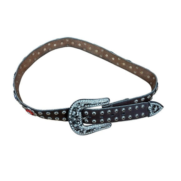 EUC Nocona Size M Western Belt Rhinestone Silver Studded Buckle Brown Leather - Picture 6 of 12